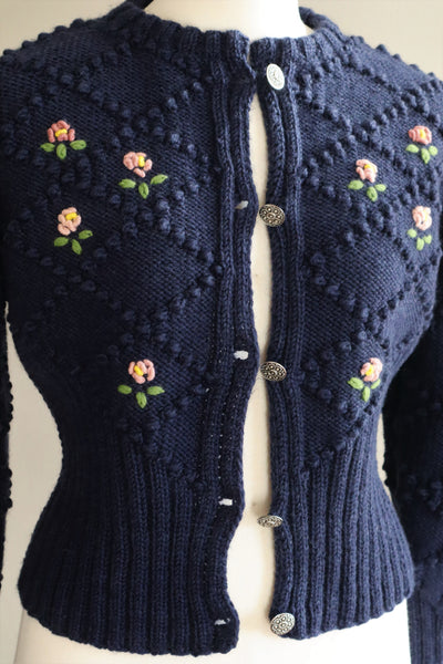 80s Austrian Hand knit Navy Wool Cardigan Embroidered Pink Rose