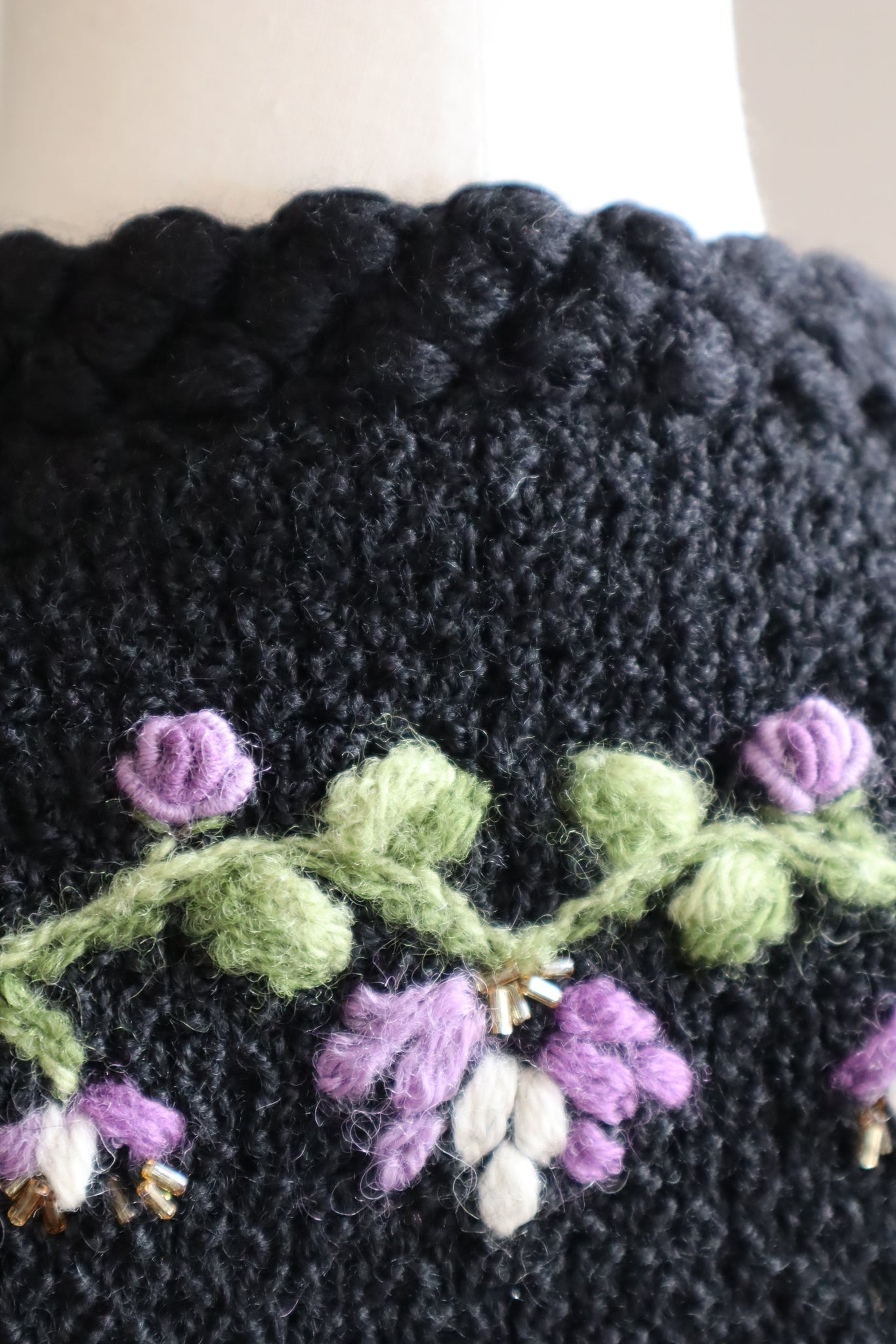 70s Austrian Hand Knit Black Cardigan Purple Flower Beads Embroidered