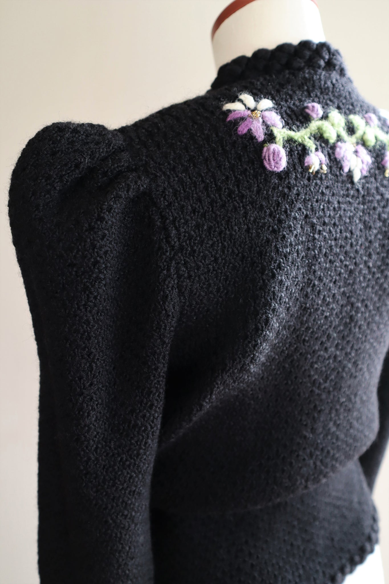 70s Austrian Hand Knit Black Cardigan Purple Flower Beads Embroidered