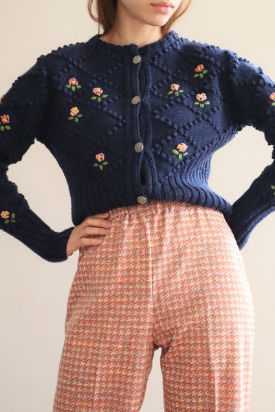 80s Austrian Hand knit Navy Wool Cardigan Embroidered Pink Rose