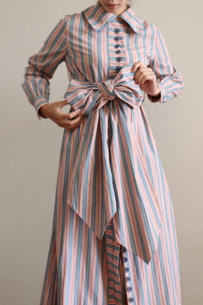 70s Striped Multiple Buttons Maxi Dress