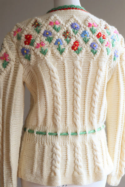 70s Hand Knit Colorful Flower German Folk Cardigan