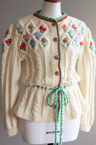 70s Hand Knit Colorful Flower German Folk Cardigan