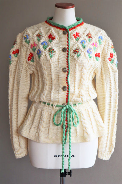 70s Hand Knit Colorful Flower German Folk Cardigan