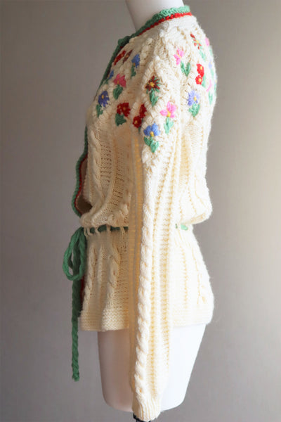 70s Hand Knit Colorful Flower German Folk Cardigan