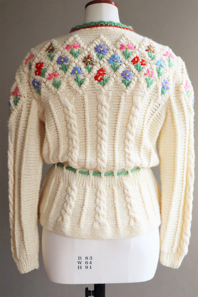 70s Hand Knit Colorful Flower German Folk Cardigan