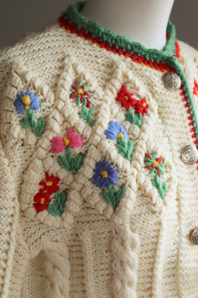 70s Hand Knit Colorful Flower German Folk Cardigan