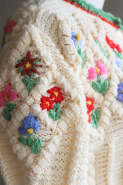 70s Hand Knit Colorful Flower German Folk Cardigan