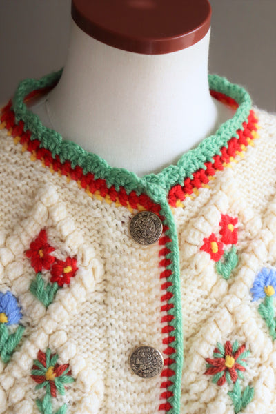 70s Hand Knit Colorful Flower German Folk Cardigan