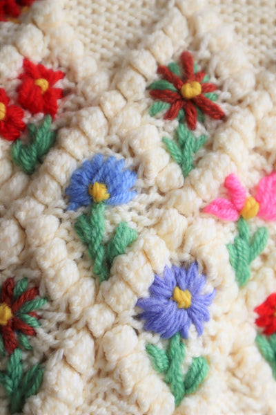 70s Hand Knit Colorful Flower German Folk Cardigan