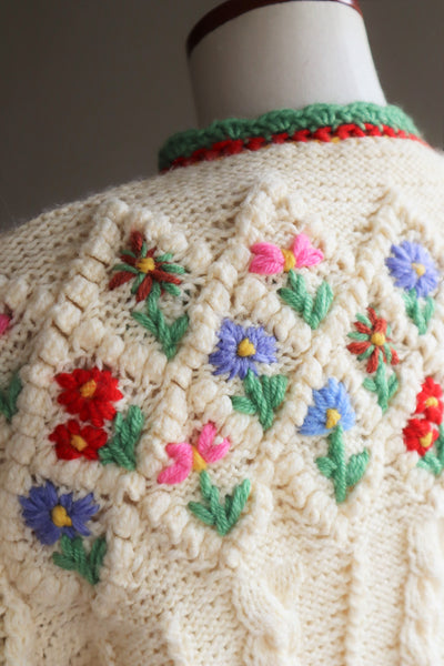 70s Hand Knit Colorful Flower German Folk Cardigan