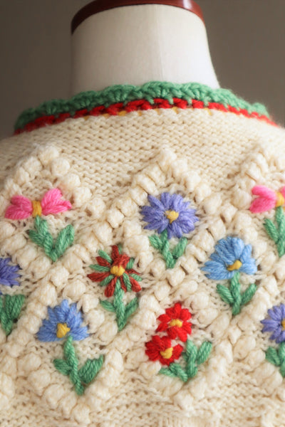 70s Hand Knit Colorful Flower German Folk Cardigan