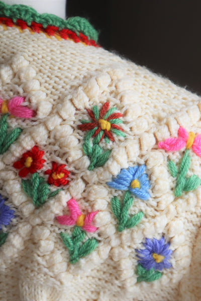 70s Hand Knit Colorful Flower German Folk Cardigan