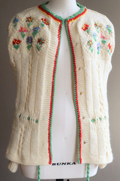 70s Hand Knit Colorful Flower German Folk Cardigan