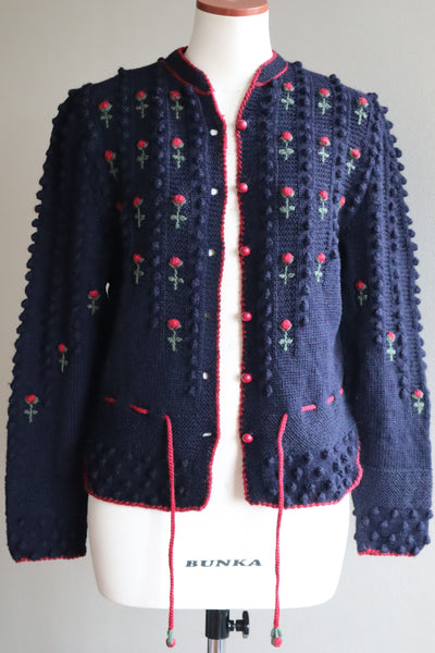 80s 🌹 Hand Knit Navy German Folk Cardigan