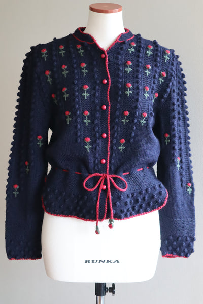 80s 🌹 Hand Knit Navy German Folk Cardigan