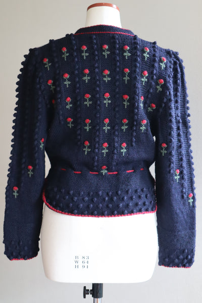 80s 🌹 Hand Knit Navy German Folk Cardigan