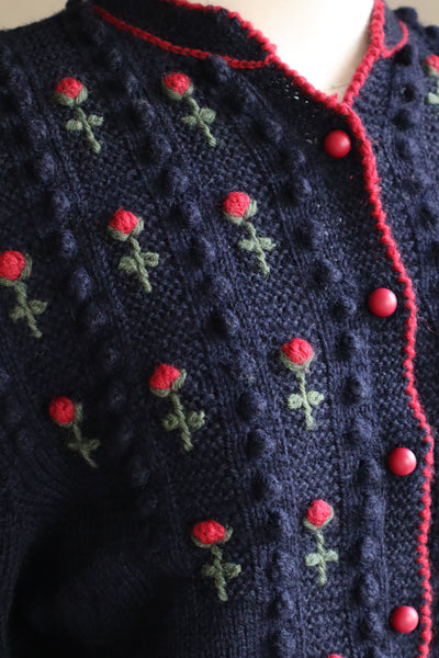 80s 🌹 Hand Knit Navy German Folk Cardigan
