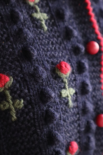 80s 🌹 Hand Knit Navy German Folk Cardigan