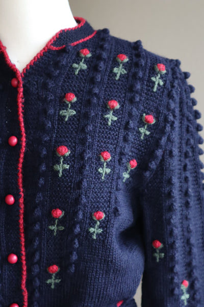 80s 🌹 Hand Knit Navy German Folk Cardigan