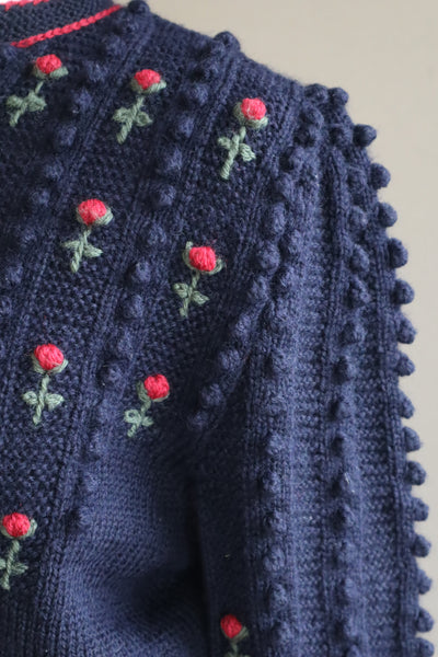 80s 🌹 Hand Knit Navy German Folk Cardigan