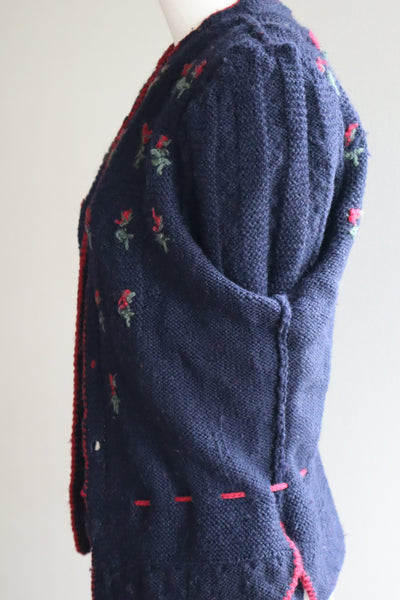 80s 🌹 Hand Knit Navy German Folk Cardigan