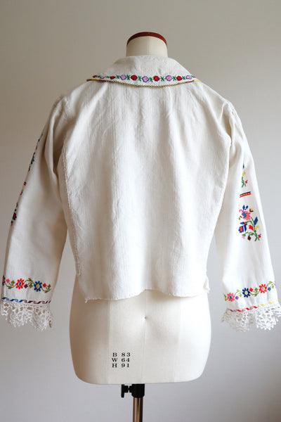 1920s~1930s Hand Woven Linen Embroidered Folk Art Blouse