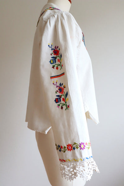 1920s~1930s Hand Woven Linen Embroidered Folk Art Blouse