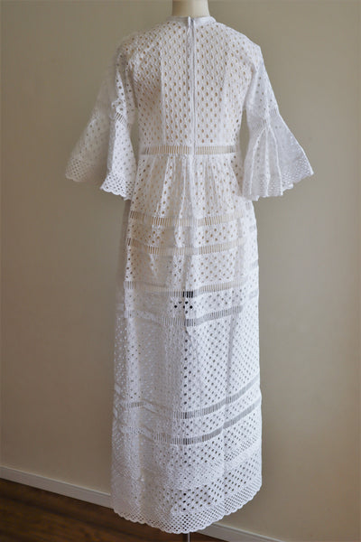 70s Bell Sleeve Cutwork Cotton Lace Dress