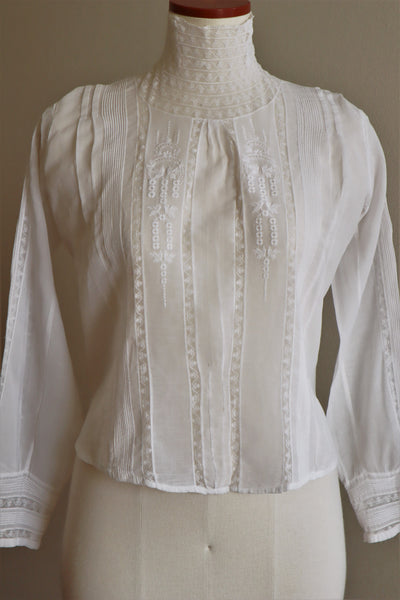 1900s Bright White Lawn Cotton Edwardian Blouse