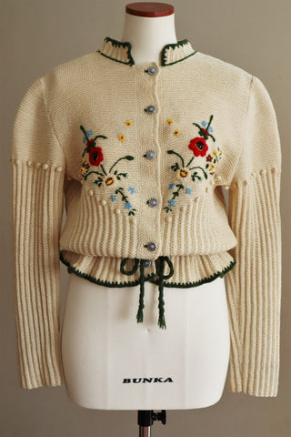 70s Austrian Hand knit Cardigan Embroidered Flowers Cream Beige M～L