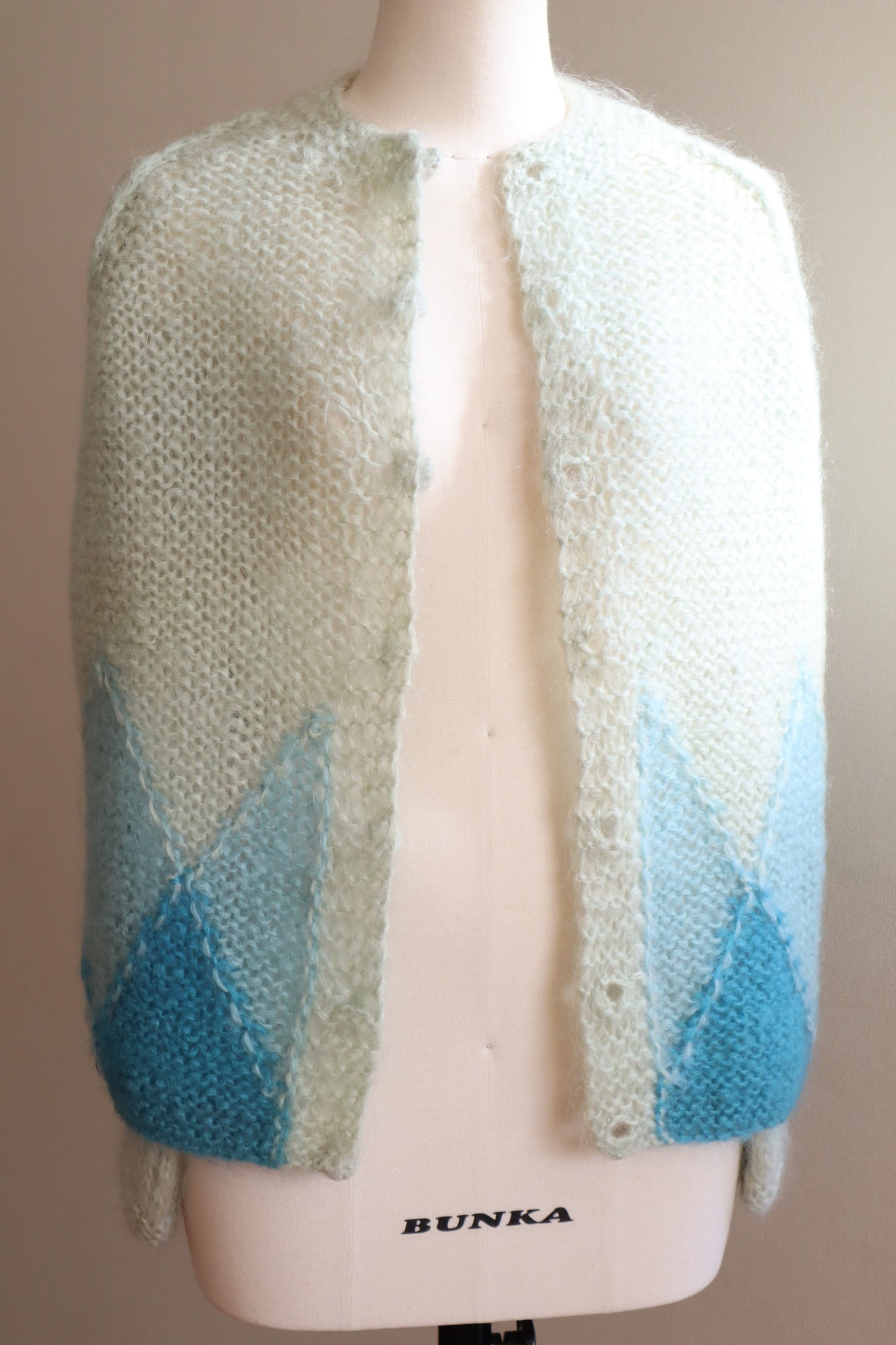 60s Blue Diamond Pattern Hand Knit Mohair Cardigan