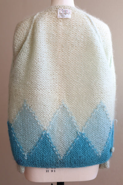 60s Blue Diamond Pattern Hand Knit Mohair Cardigan