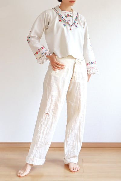 1920s~1930s Hand Woven Linen Embroidered Folk Art Blouse