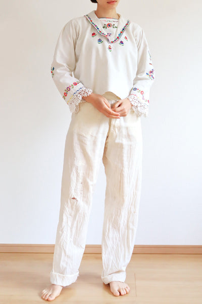 1920s~1930s Hand Woven Linen Embroidered Folk Art Blouse