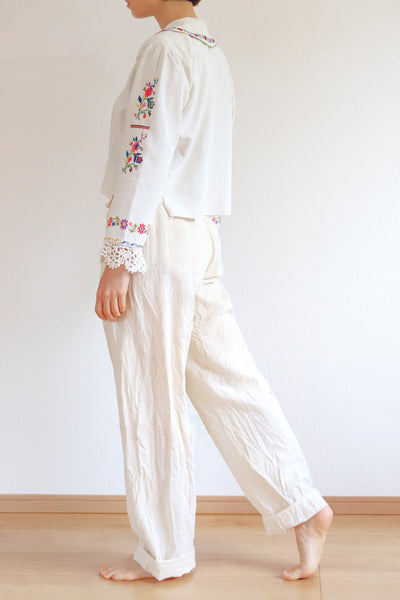 1920s~1930s Hand Woven Linen Embroidered Folk Art Blouse