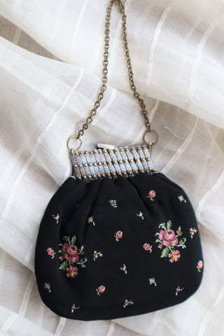 1910s A Sweet Little Bag Purse In Black With Pink Embroidered Roses