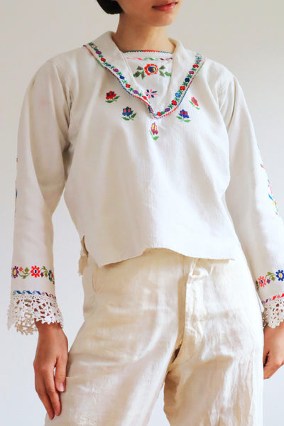1920s~1930s Hand Woven Linen Embroidered Folk Art Blouse