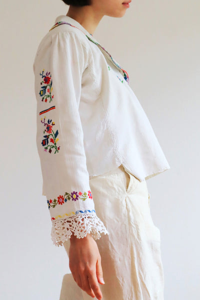 1920s~1930s Hand Woven Linen Embroidered Folk Art Blouse