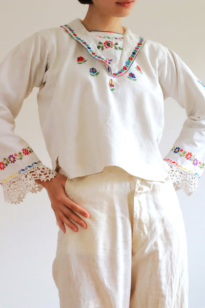 1920s~1930s Hand Woven Linen Embroidered Folk Art Blouse
