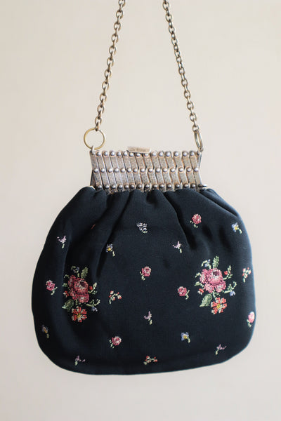 1910s A Sweet Little Bag Purse In Black With Pink Embroidered Roses