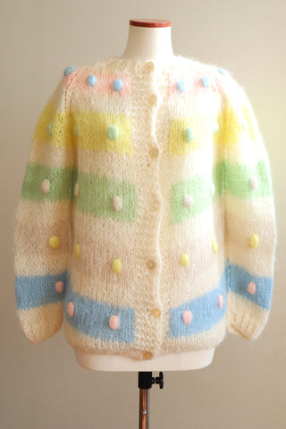 60s Pastel Rainbow Pom Pom Hand Knit Cardigan