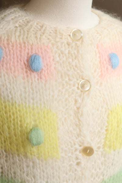 60s Pastel Rainbow Pom Pom Hand Knit Cardigan