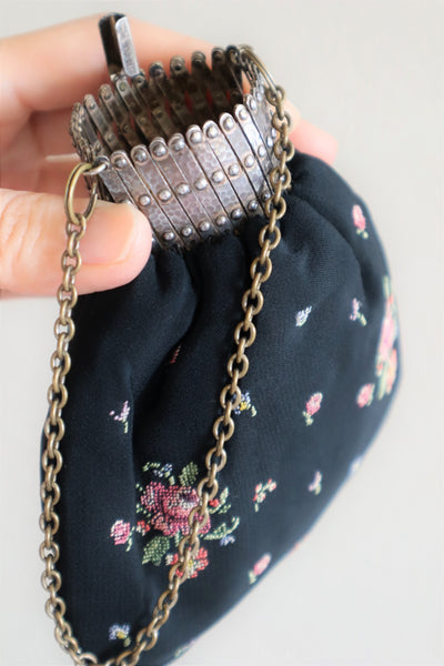 1910s A Sweet Little Bag Purse In Black With Pink Embroidered Roses
