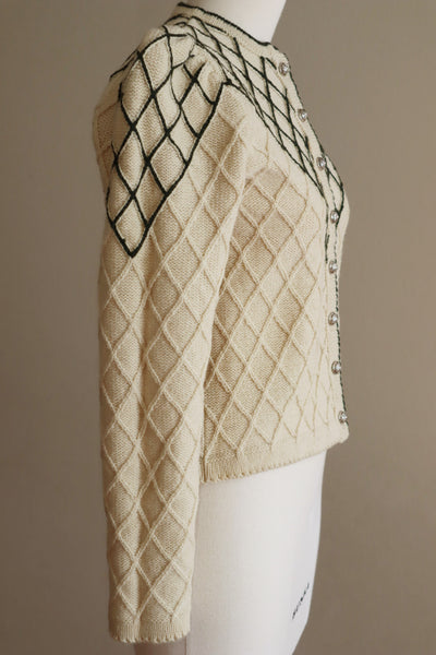 80s Austrian Pure New Wool Cardigan Puff Sleeve Khaki Line