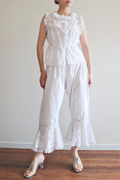 Late 1800s French White Cotton Frilled Lace Bloomers Pants