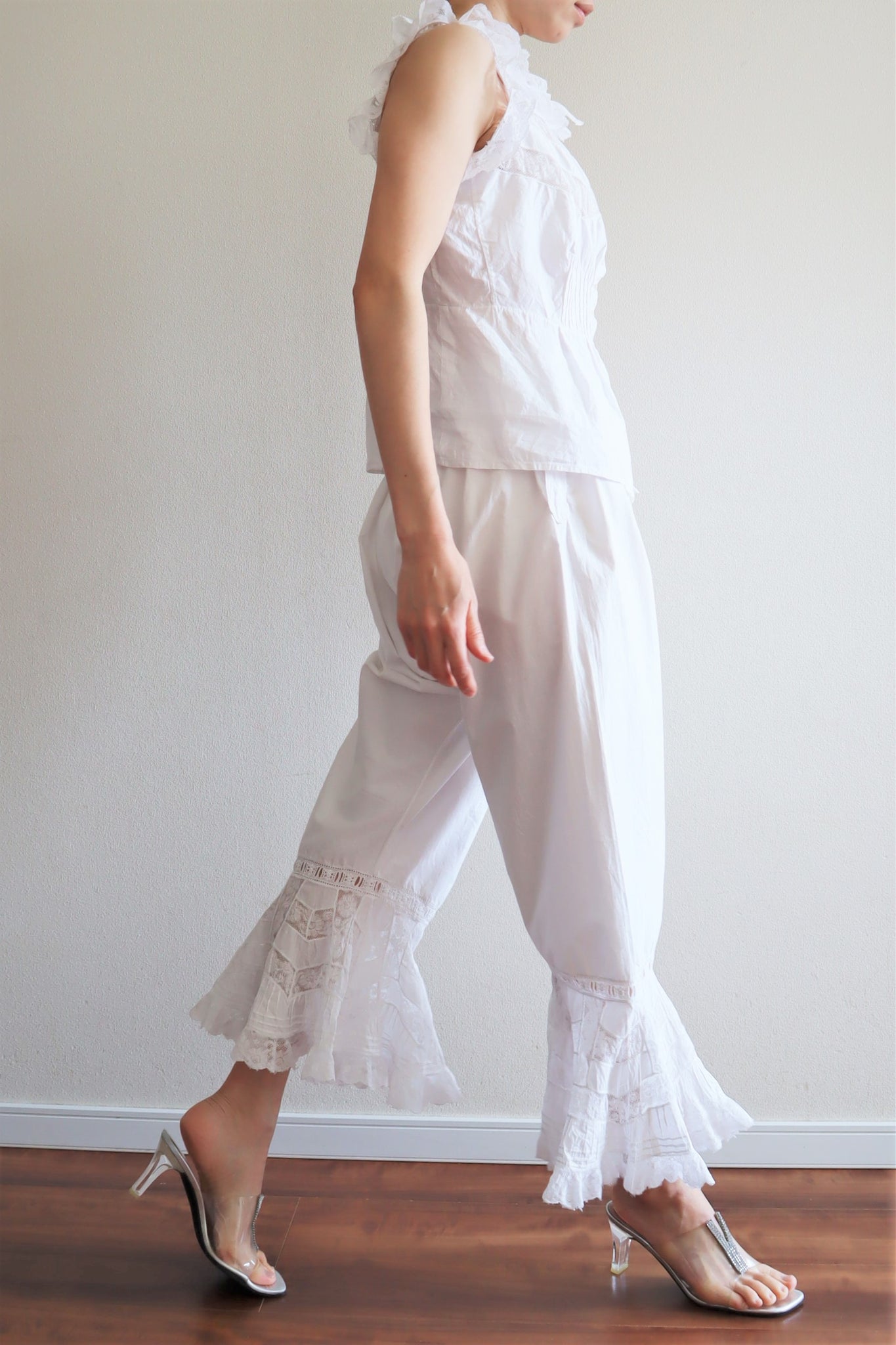 Late 1800s French White Cotton Frilled Lace Bloomers Pants