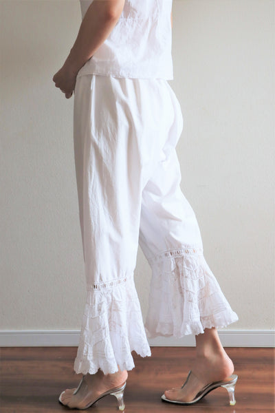 Late 1800s French White Cotton Frilled Lace Bloomers Pants