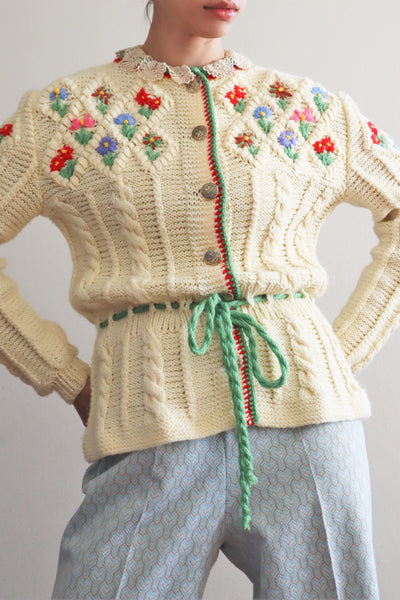 70s Hand Knit Colorful Flower German Folk Cardigan