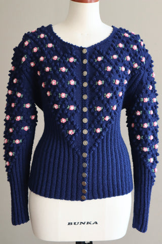 70s Austrian Hand knit Blue Navy Wool Cardigan Embroidered Pink Rose